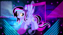 Size: 5120x2880 | Tagged: safe, artist:laszlvfx, artist:shootingstarsentry, edit, oc, oc only, oc:melody, pegasus, pony, female, flying, looking at you, mare, solo, wallpaper, wallpaper edit