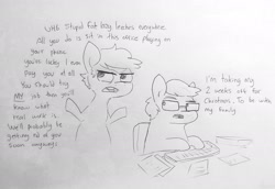 Size: 1776x1225 | Tagged: safe, artist:tjpones, part of a set, oc, oc only, oc:tjpones, earth pony, pony, dialogue, glasses, keyboard, male, simple background, stallion, white background
