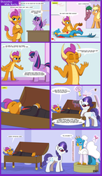Size: 7000x12000 | Tagged: safe, artist:chedx, applejack, gallus, rarity, smolder, twilight sparkle, oc, alicorn, bird, chicken, dragon, earth pony, pony, unicorn, comic:detention with rarity, g4, absurd resolution, chicken meat, comic, crossdressing, darling, detention, eating, fake, fake blood, fake death, food, fried chicken, gallus is not amused, gallus the rooster, ketchup, magic, meat, misspelling of you're, playing dead, punishment, ribbon, sauce, scissors, smolder is not amused, speech bubble, telekinesis, twilight sparkle is not amused, unamused