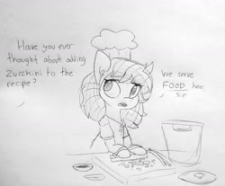 Size: 1699x1405 | Tagged: safe, artist:tjpones, oc, oc only, oc:melba toast, earth pony, pony, bipedal, chef's hat, cooking, dialogue, female, hairnet, hat, mare, offscreen character, zucchini