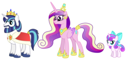 Size: 4275x2025 | Tagged: safe, artist:aleximusprime, princess cadance, princess flurry heart, shining armor, alicorn, pony, unicorn, flurry heart's story, g4, beard, colored wings, crown, ethereal mane, facial hair, female, filly, filly flurry heart, gradient wings, headcanon, high res, hoof shoes, jewelry, king, older, older flurry heart, older princess cadance, older shining armor, princess shoes, queen, regalia, simple background, transparent background, ultimate cadance, wings