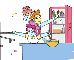 Size: 1280x1029 | Tagged: safe, artist:ponyretirementhome, carrot cake, cup cake, equestria girls, g4, apron, bowl, cake, chiffon swirl, clothes, female, food, husband and wife, male, oven, refrigerator, simple background, whisk, white background