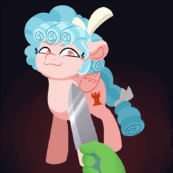 Size: 1250x1250 | Tagged: safe, artist:fannytastical, edit, cozy glow, oc, oc:anon, human, pegasus, pony, g4, :3, bow, cozybuse, cutie mark, dark background, female, filly, hair bow, hand, heart eyes, knife, knife cat, meme, offscreen character, ponified animal photo, pov, pure concentrated unfiltered evil of the utmost potency, pure unfiltered evil, wingding eyes
