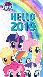 Size: 690x1227 | Tagged: safe, applejack, fluttershy, pinkie pie, rainbow dash, rarity, twilight sparkle, pony, g4, official, 2019, box art, front view, new year, peekaboo, rainbow squad, stock image