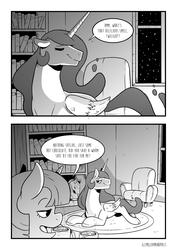 Size: 2480x3508 | Tagged: safe, artist:raph13th, princess celestia, twilight sparkle, alicorn, pony, comic:glim glam and pals, g4, bedroom eyes, chocolate, comic, dialogue, eyes closed, female, fireplace, food, grayscale, high res, hot chocolate, lesbian, monochrome, prone, rug, ship:twilestia, shipping, twilight sparkle (alicorn)
