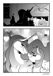 Size: 1280x1811 | Tagged: safe, artist:raph13th, princess celestia, twilight sparkle, alicorn, pony, comic:glim glam and pals, g4, comic, eyes closed, female, fireplace, grayscale, hug, lesbian, monochrome, ship:twilestia, shipping, touching face, twilight sparkle (alicorn), winghug