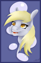 Size: 1233x1920 | Tagged: safe, artist:toxicartiststudio, derpy hooves, pony, g4, bubble, bust, cross-eyed, fanart, female, open mouth, smiling, solo