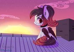 Size: 2651x1874 | Tagged: safe, artist:mediasmile666, oc, oc only, bat pony, pony, collar, female, looking at you, roof, rooftop, solo, sunset