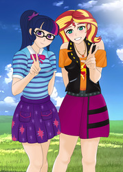 Size: 1549x2159 | Tagged: safe, artist:anonix123, sci-twi, sunset shimmer, twilight sparkle, human, equestria girls, g4, my little pony equestria girls: better together, clothes, female, geode of empathy, geode of telekinesis, glasses, grin, human coloration, humanized, jacket, leather, leather jacket, magical geodes, ponytail, skirt, smiling