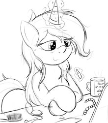 Size: 1802x2048 | Tagged: safe, artist:an-tonio, oc, oc only, oc:golden brooch, pony, unicorn, alternate hairstyle, brush, desk, female, human shoulders, jewelry, lineart, lipstick, loose hair, magic, makeup, mare, mirror, monochrome, mug, necklace, pearl necklace, simple background, sketch, smiling, solo, telekinesis, white background