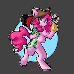 Size: 1000x1000 | Tagged: safe, artist:econcoction, part of a set, gummy, pinkie pie, pony, g4, bipedal, cute, diapinkes, female, hat, hook, open mouth, pirate, pirate pinkie pie, solo