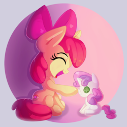 Size: 2000x2000 | Tagged: safe, artist:discorded, apple bloom, sweetie belle, earth pony, pony, unicorn, g4, abstract background, adorabloom, boop, bow, cute, doll, eyes closed, female, filly, hair bow, happy, high res, hnnng, open mouth, plushie, sitting, smiling, solo, toy