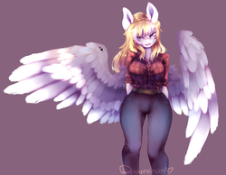 Size: 4187x3253 | Tagged: safe, artist:chocori, oc, oc only, oc:calypso, pegasus, anthro, anthro oc, belt, clothes, commission, female, hands behind back, high res, jeans, large wings, mare, open mouth, pants, plaid shirt, purple background, shirt, simple background, solo, spread wings, wings