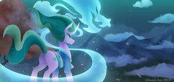 Size: 3557x1686 | Tagged: dead source, safe, artist:allionii-azy, mistmane, chinese dragon, dragon, pony, unicorn, g4, butt, cherry blossoms, clothes, cloud, curved horn, determined, dragon spirit, ethereal mane, female, flower, flower blossom, glowing horn, horn, magic, mare, mountain, mountain range, plot, sexy, solo