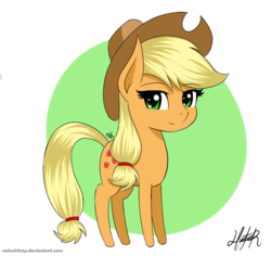 Size: 1080x1020 | Tagged: safe, artist:redvalshay, applejack, earth pony, pony, g4, chibi, female, mare, signature, simple background, smiling, solo