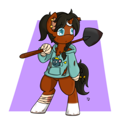 Size: 1000x1000 | Tagged: safe, artist:taletrotter, oc, oc:tansy, unicorn, semi-anthro, arm hooves, bandage, bipedal, clothes, color, concept art, dirty, ear piercing, earring, femboy, hoodie, horn, horn jewelry, horn ring, jewelry, male, piercing, post-apocalyptic, ring, shovel, stallion, torn clothes
