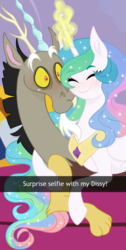 Size: 410x812 | Tagged: safe, artist:sunbutt-worshipper, discord, princess celestia, alicorn, draconequus, pony, g4, 30 day otp challenge, blushing, cute, cutelestia, discute, eyes closed, female, glowing horn, horn, male, mare, selfie, ship:dislestia, shipping, smiling, snapchat, straight, surprised, text