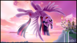 Size: 4020x2261 | Tagged: safe, artist:trappefnff, twilight sparkle, alicorn, pony, g4, aerobatics, backlighting, canterlot castle, cute, cutie mark eyes, female, flying, happy, signature, solo, spread wings, twiabetes, twilight sparkle (alicorn), upside down, wingding eyes, wings