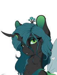 Size: 2300x3050 | Tagged: safe, artist:skitsroom, queen chrysalis, changeling, changeling queen, g4, bust, cheek fluff, chest fluff, colored ears, crown, cute, cutealis, ear fluff, female, fluffy, high res, jewelry, looking at you, portrait, regalia, shoulder fluff, simple background, solo, white background