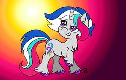 Size: 3000x1920 | Tagged: safe, artist:dawn-designs-art, oc, oc only, oc:mirage, pony, unicorn, confident, gray coat, happy, multicolored hair, purple eyes, smiling, solo