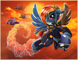 Size: 1400x1084 | Tagged: safe, artist:harwick, fleetfoot, rainbow dash, soarin', spitfire, pegasus, pony, g4, the cutie re-mark, alternate timeline, amputee, apocalypse dash, apocalypse fleetfoot, apocalypse soarin', apocalypse spitfire, augmented, clothes, cloud, crystal war timeline, female, flying, helmet, mare, prosthetic limb, prosthetic wing, prosthetics, rainbow dash day, recruitment poster, sky, smiling, torn ear, uniform, wonderbolts