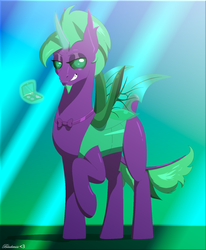 Size: 1254x1524 | Tagged: safe, oc, oc only, oc:limpid, changedling, changeling, beard, bowtie, changedling oc, changeling oc, facial hair, green magic, green mane, horn, leonine tail, magic, makeup, male, purple body, solo