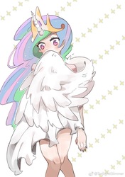 Size: 970x1379 | Tagged: safe, artist:twilightglimmer, princess celestia, human, g4, alicorn humanization, blushing, crown, female, horn, horned humanization, humanized, jewelry, regalia, solo, winged humanization, wings