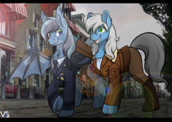 Size: 4092x2893 | Tagged: safe, artist:auveiss, oc, oc:aerial monthoofier, oc:cayden, oc:cayden tavers, bat pony, earth pony, pony, bat pony oc, crystal batpony, military uniform, ministry of preservation, pilot pony