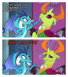 Size: 1372x1568 | Tagged: safe, edit, edited screencap, screencap, princess ember, thorax, changedling, changeling, dragon, g4, school daze, angry, comic, dragoness, female, implied shipping, interspecies, king thorax, lip bite, male, screencap comic, ship:embrax, shipping, straight, tsundember, tsundere, why not
