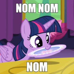 Size: 600x600 | Tagged: safe, edit, edited screencap, editor:twilyisbestpone, screencap, twilight sparkle, alicorn, pony, g4, no second prances, season 6, caption, chewing, cute, eating, female, image macro, mare, meme, mouth hold, nibbling, nom, plate, proper silverware placement, solo, table, text, twiabetes, twilight sparkle (alicorn)