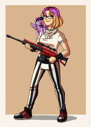 Size: 2500x3500 | Tagged: safe, artist:jack-pie, twilight sparkle, oc, alicorn, human, pony, g4, clothes, commission, female, glasses, gun, high res, human female, humanized, mare, rifle, shoulder pony, small pony, smiling, sniper rifle, twilight sparkle (alicorn), weapon