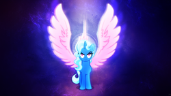 Size: 1920x1080 | Tagged: safe, artist:antylavx, artist:orin331, edit, trixie, pony, unicorn, g4, artificial wings, augmented, blue background, female, magic, magic wings, mare, princess, princess of trickery, simple background, spread wings, wallpaper, wallpaper edit, wings, xk-class end-of-the-world scenario