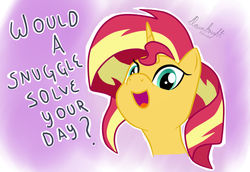 Size: 1024x706 | Tagged: safe, artist:dawnbrightglint, artist:mlpfbismagic, sunset shimmer, pony, unicorn, g4, bronybait, cute, female, gradient background, happy, looking at you, mare, open mouth, positive ponies, question, shimmerbetes, smiling, solo, talking to viewer, text
