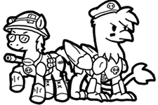 Size: 225x150 | Tagged: safe, artist:crazyperson, griffon, pony, fallout equestria, fallout equestria: commonwealth, black and white, duo, fanfic art, grayscale, gunners, monochrome, picture for breezies, simple background, transparent background