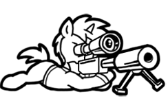Size: 244x150 | Tagged: safe, artist:crazyperson, pony, unicorn, fallout equestria, fallout equestria: commonwealth, black and white, clothes, fanfic art, generic pony, grayscale, gun, jumpsuit, monochrome, picture for breezies, prone, rifle, simple background, sniper, sniper rifle, solo, transparent background, vault suit, weapon