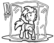 Size: 188x150 | Tagged: safe, artist:crazyperson, pony, unicorn, fallout equestria, fallout equestria: commonwealth, black and white, bondage, clothes, encasement, fanfic art, frozen, generic pony, grayscale, ice, jumpsuit, monochrome, picture for breezies, raised hoof, simple background, solo, transparent background, vault suit