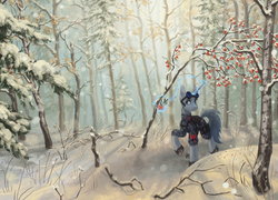 Size: 3322x2397 | Tagged: safe, artist:koviry, oc, oc only, oc:flint, pony, unicorn, berry, clothes, commission, forest, glowing horn, goggles, high res, horn, levitation, magic, male, scenery, snow, solo, telekinesis, tree, winter