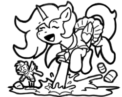 Size: 250x200 | Tagged: safe, artist:crazyperson, pony, fallout equestria, fallout equestria: commonwealth, black and white, duo, eyes closed, fanfic art, female, grayscale, mare, monochrome, picture for breezies, purple alicorn (fo:e), simple background, splashing, transparent background