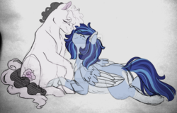 Size: 1024x654 | Tagged: safe, artist:azure-art-wave, oc, oc:azure, oc:rose, earth pony, pegasus, pony, deviantart watermark, female, lesbian, mare, obtrusive watermark, oc x oc, shipping, sketch, traditional art, watermark