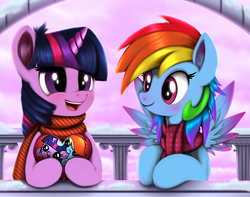 Size: 8008x6300 | Tagged: safe, artist:darksly, artist:mixermike622, rainbow dash, twilight sparkle, alicorn, pegasus, pony, g4, absurd resolution, balcony, biting, blushing, clothes, cloud, colored wings, colored wingtips, commission, cute, duo, duo female, ear bite, eye contact, female, heart, heart pillow, hoof hold, horn, lesbian, looking at each other, looking at someone, mare, nom, open mouth, open smile, pillow, scarf, ship:twidash, shipping, smiling, spread wings, twilight sparkle (alicorn), wings