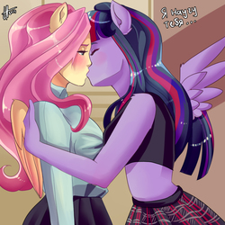 Size: 1000x1000 | Tagged: safe, artist:xjenn9, fluttershy, twilight sparkle, alicorn, pegasus, anthro, g4, blushing, breasts, clothes, cyrillic, dialogue, eyes closed, female, kiss on the lips, kissing, lesbian, midriff, russian, ship:twishy, shipping, skirt, twilight sparkle (alicorn)