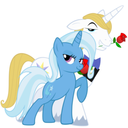 Size: 2449x2449 | Tagged: safe, artist:peachspices, artist:slb94, prince blueblood, trixie, pony, unicorn, g4, bedroom eyes, duo, female, flower, flower in mouth, high res, lidded eyes, looking at you, male, mare, mouth hold, rarity pose, rose, ship:bluetrix, shipping, simple background, smug, straight, transparent background, unshorn fetlocks, vector