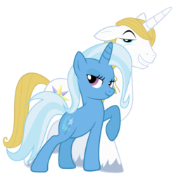 Size: 2449x2449 | Tagged: safe, artist:peachspices, artist:slb94, prince blueblood, trixie, pony, unicorn, g4, barrel chest, barrelchest blueblood, bedroom eyes, duo, female, high res, looking at you, male, mare, rarity pose, ship:bluetrix, shipping, simple background, smug, stallion, straight, transparent background, vector
