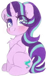 Size: 884x1434 | Tagged: safe, artist:spoopygander, starlight glimmer, pony, unicorn, g4, blushing, chest fluff, cute, cutie mark, female, glimmerbetes, looking at you, looking up, mare, multicolored hair, simple background, sitting, smiling, white background