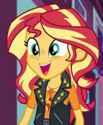 Size: 521x629 | Tagged: safe, artist:katakiuchi4u, edit, edited screencap, screencap, sunset shimmer, a fine line, equestria girls, g4, my little pony equestria girls: better together, female, freckles, geode of empathy, happy, magical geodes, open mouth, peppered bacon, smiling, solo