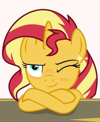 Size: 2253x2736 | Tagged: safe, artist:katakiuchi4u, edit, edited screencap, screencap, sunset shimmer, pony, unicorn, equestria girls, equestria girls specials, g4, my little pony equestria girls: better together, my little pony equestria girls: forgotten friendship, crossed arms, female, freckles, high res, looking at you, mare, one eye closed, peppered bacon, smiling, solo, wink