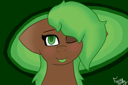 Size: 1080x720 | Tagged: safe, artist:feelingpandy, oc, oc only, oc:avocado toast, pony, :p, blushing, femboy, green background, green eyes, long mane, male, one eye closed, silly, simple background, tongue out