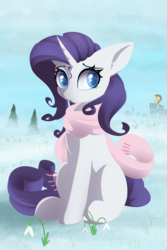 Size: 4376x6552 | Tagged: safe, artist:posionjoke, rarity, pony, unicorn, g4, absurd resolution, city, clothes, crystaller building, female, flower, hooves, horn, lineless, manehattan, mare, scarf, sitting, solo, tree