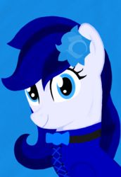 Size: 880x1280 | Tagged: safe, artist:chipmagnum, oc, oc only, oc:musical medic, earth pony, pony, g4, avatar, blue background, clothes, female, mare, simple background, solo