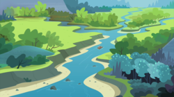 Size: 2880x1617 | Tagged: safe, screencap, apple bloom, applejack, big macintosh, granny smith, pinkie pie, earth pony, pony, g4, pinkie apple pie, apple family, raft, river, scenery, tree